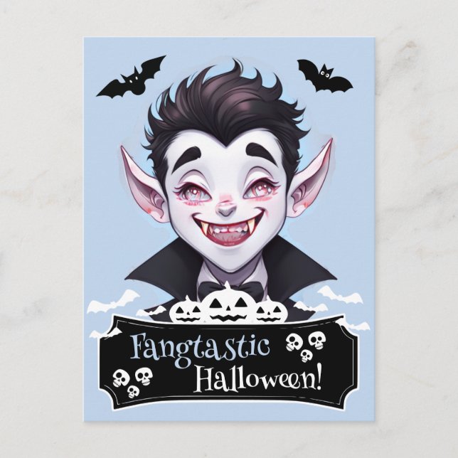 Fangtastic Halloween Smiling Vampire With Bats Postcard (Front)