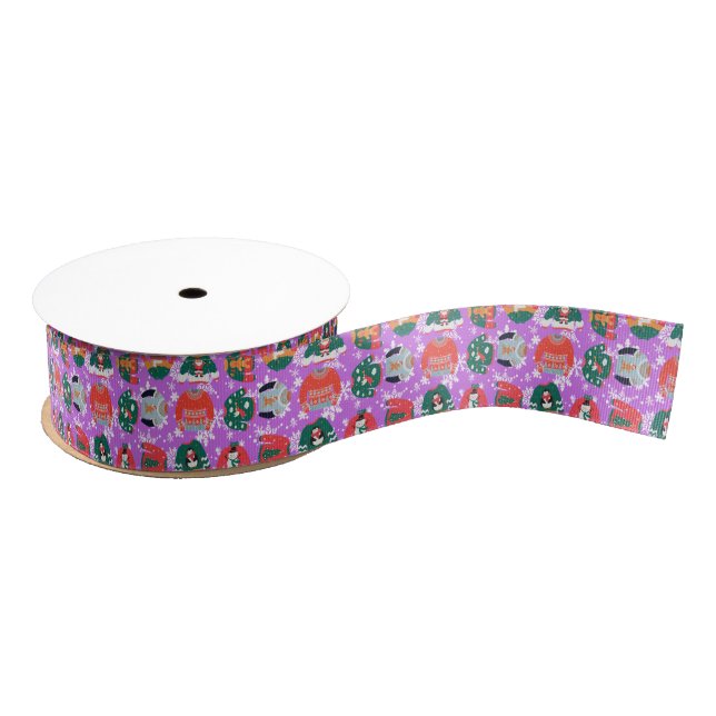Fansy colourful purple background Xmas sweater cut Grosgrain Ribbon (Spool)