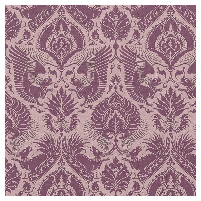 Fansy Damask with Animals, Cerise Fabric (Close Up)