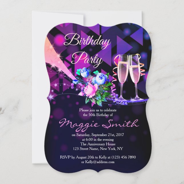 Fantabulous Flowers and Champagne Bday Invite (Front)
