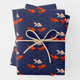 Fantail Goldfish on Segaiha Wave Pattern Wrapping Paper Sheet