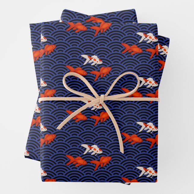 Fantail Goldfish on Segaiha Wave Pattern Wrapping Paper Sheet (In situ)