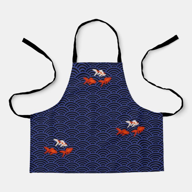 Fantail Goldfish on Seigaiha Wave Pattern Japanese Apron (Front)