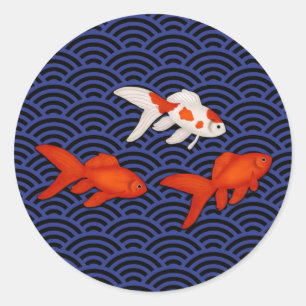 Fantail Goldfish on Seigaiha Wave Pattern Japanese Classic Round Sticker