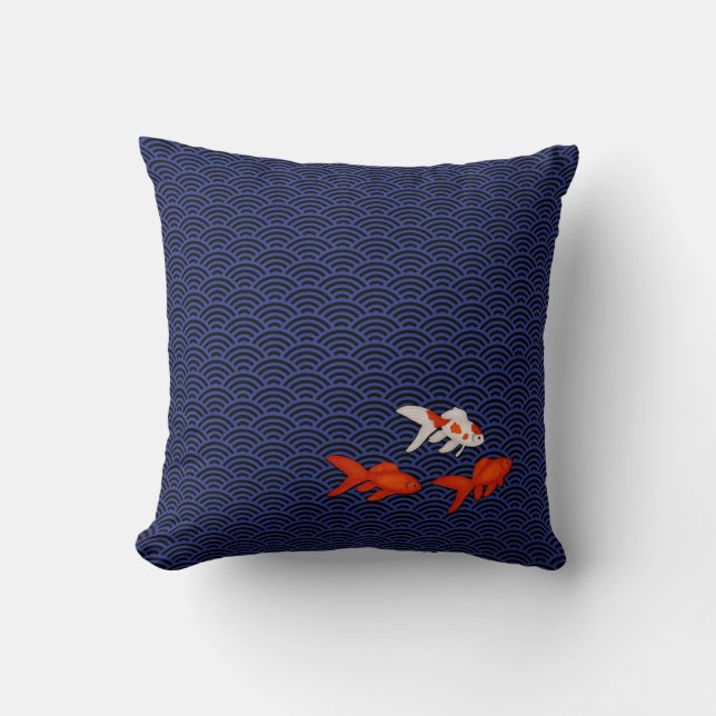 Fantail Goldfish on Seigaiha Wave Pattern Japanese Cushion (Front)