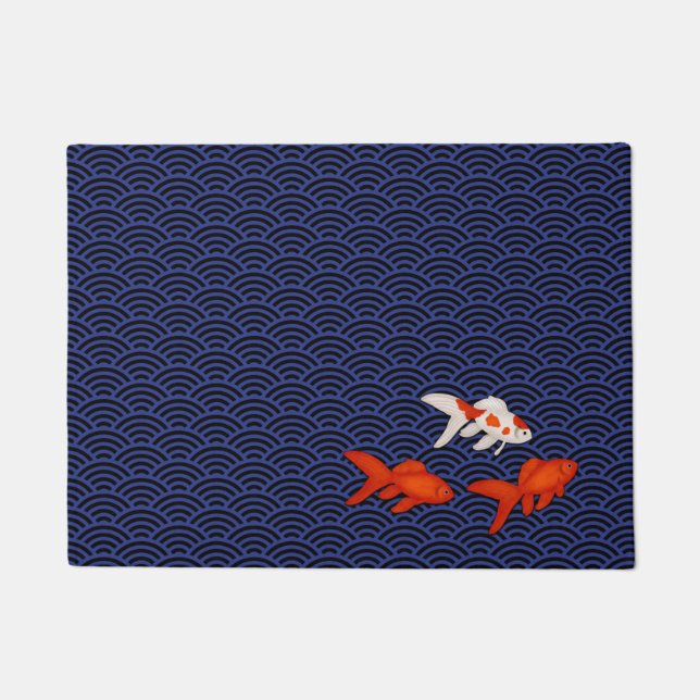 Fantail Goldfish on Seigaiha Wave Pattern Japanese Doormat (Front)