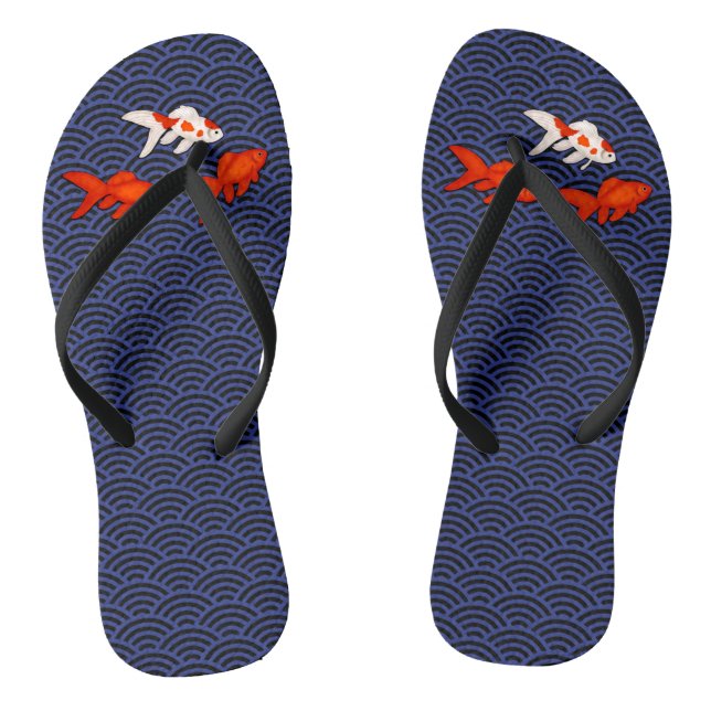 Fantail Goldfish on Seigaiha Wave Pattern Japanese Flip Flops (Footbed)