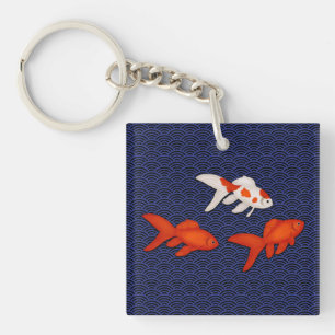 Fantail Goldfish on Seigaiha Wave Pattern Japanese Key Ring
