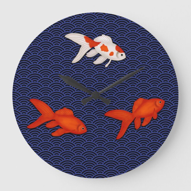 Fantail Goldfish on Seigaiha Wave Pattern Japanese Large Clock (Front)