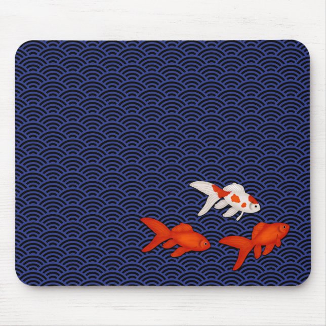 Fantail Goldfish on Seigaiha Wave Pattern Japanese Mouse Mat (Front)