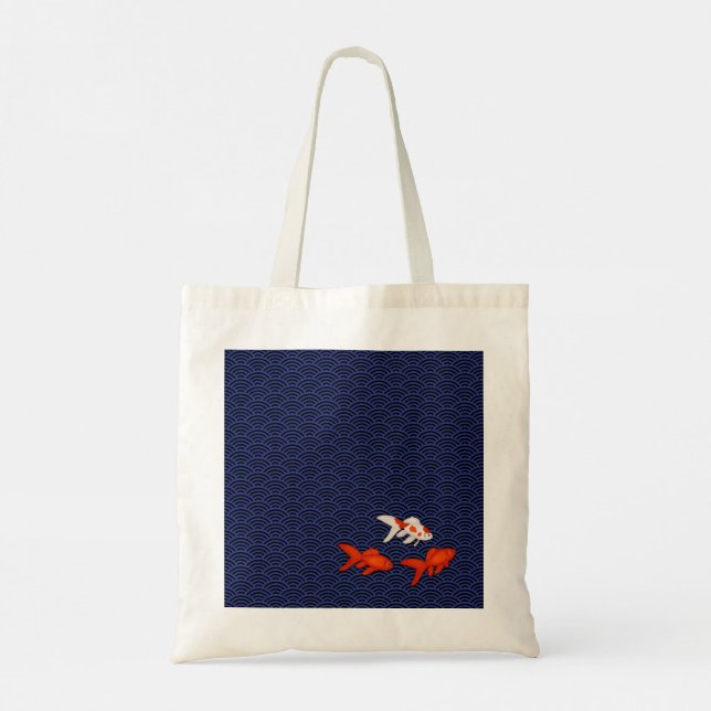 Fantail Goldfish on Seigaiha Wave Pattern Japanese Tote Bag (Back)