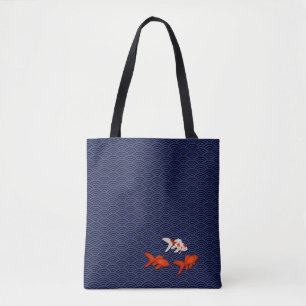 Fantail Goldfish on Seigaiha Wave Pattern Japanese Tote Bag