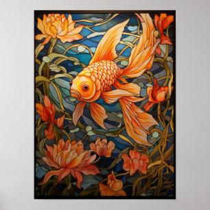Fantail Goldfish Stained Glass Window Design Poster