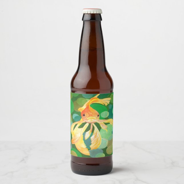 Fantail Goldfish With Green Bubbles Vector Beer Bottle Label (Front)