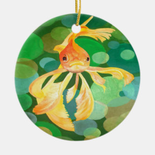 Fantail Goldfish With Green Bubbles Vector Ceramic Tree Decoration