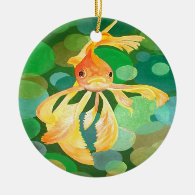 Fantail Goldfish With Green Bubbles Vector Ceramic Tree Decoration (Front)