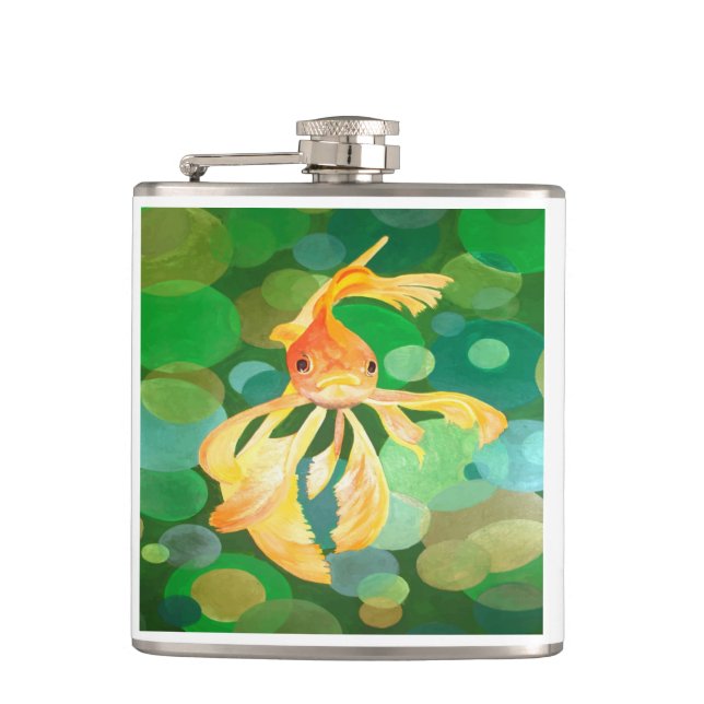 Fantail Goldfish With Green Bubbles Vector Hip Flask (Front)