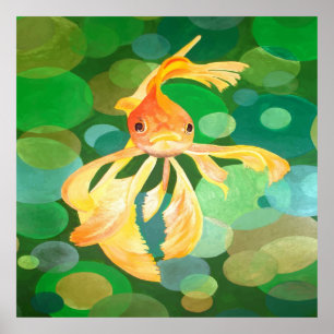 Fantail Goldfish With Green Bubbles Vector Poster