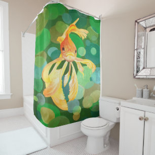 Fantail Goldfish With Green Bubbles Vector Shower Curtain