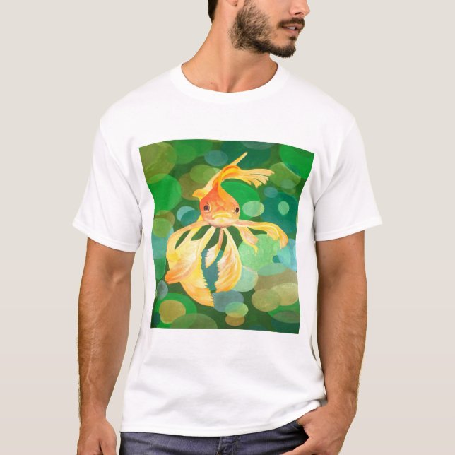 Fantail Goldfish With Green Bubbles Vector T-Shirt (Front)