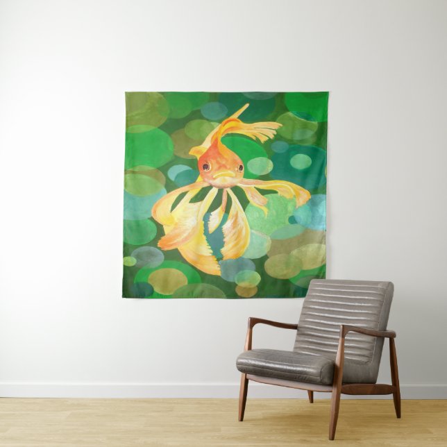 Fantail Goldfish With Green Bubbles Vector Tapestry (In Situ)