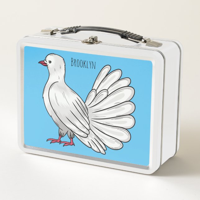 Fantail pigeon bird cartoon illustration metal lunch box (Front)