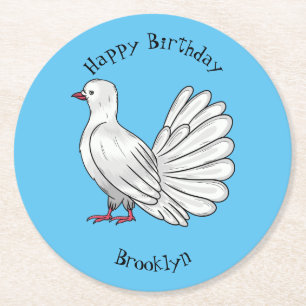 Fantail pigeon bird cartoon illustration   round paper coaster