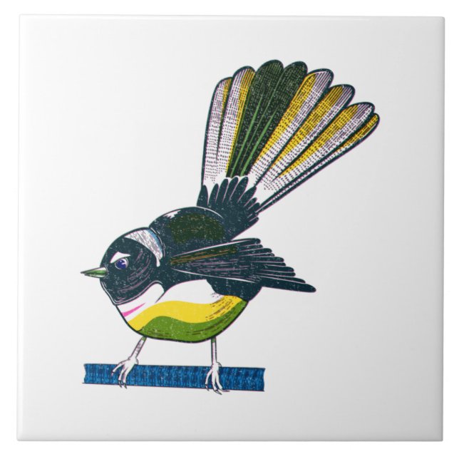 Fantail retro NZ bird print Tile (Front)