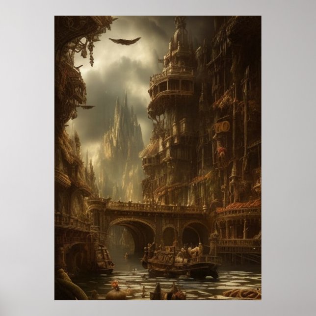 Fantastic city the river the bridge the buildings poster (Front)