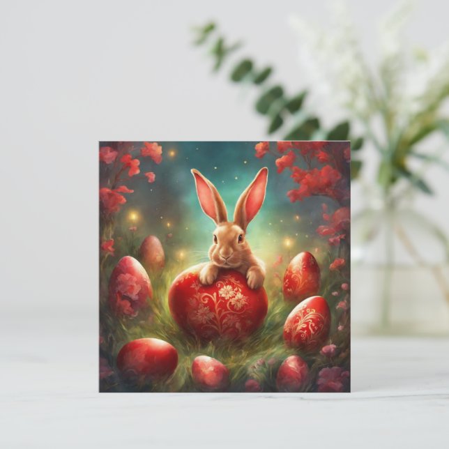 Fantastic Easter bunny with red egg Holiday Card (Standing Front)