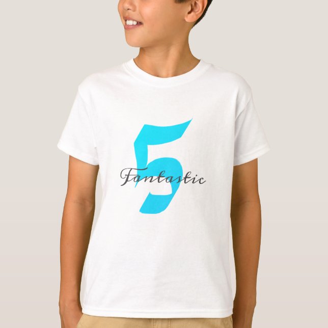 Fantastic Five Boys 5th Birthday Teal Blue White T-Shirt (Front)
