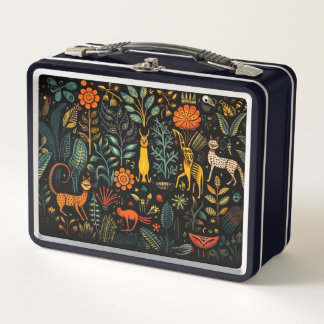 Fantastic flora and fauna on a dark background metal lunch box