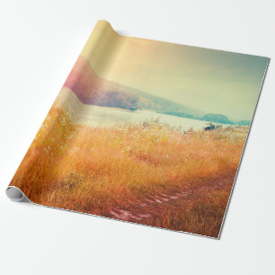 Fantastic foggy river with fresh grass in the sunl wrapping paper