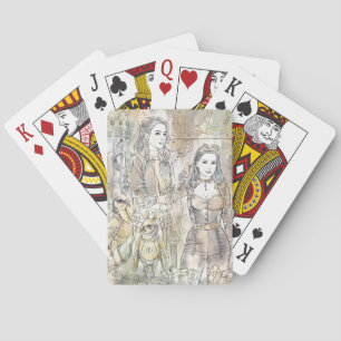 Fantastic hand-drawn steampunk girl playing cards