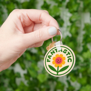 Fantastic Retro Flower Smiley Face Positivity Key Ring