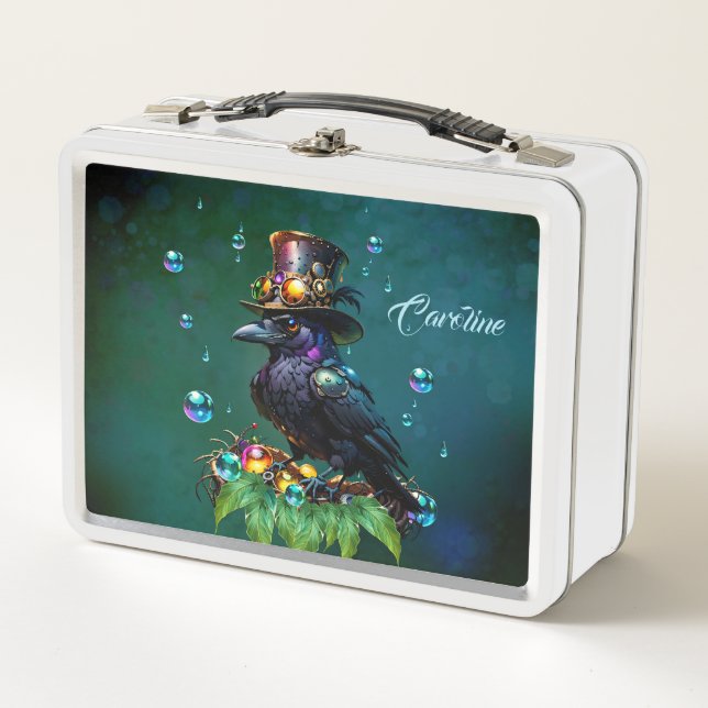 Fantastic steampunk crow metal lunch box (Front)