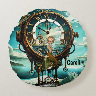 Fantastic steampunk sea clock round cushion