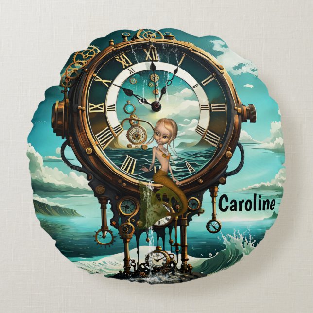 Fantastic steampunk sea clock round cushion (Front)