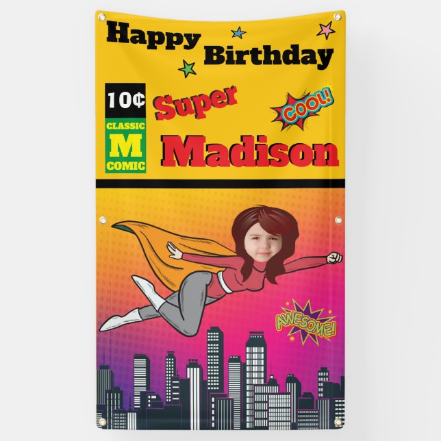 Fantastic Superhero Birthday Photo Perfect Girl's  Banner (Vertical)