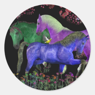 Fantastical coloured horse design, black back classic round sticker