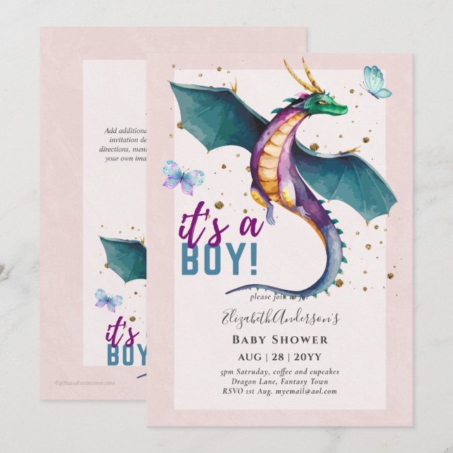 Fantastical DRAGON Themed Baby Boy Shower Reveal Invitation (Front/Back)