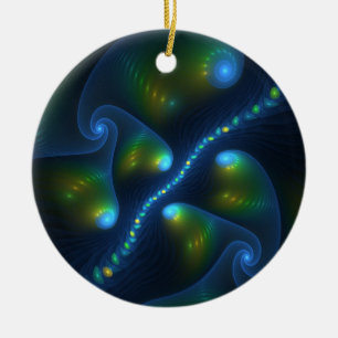 Fantasy Abstract Blue Green Yellow Fractal Art Ceramic Tree Decoration