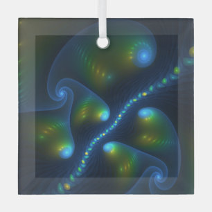 Fantasy Abstract Blue Green Yellow Fractal Art Glass Tree Decoration