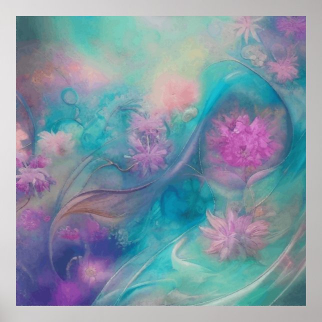 Fantasy Abstract Flowers In Pink And Aqua Wave Poster (Front)