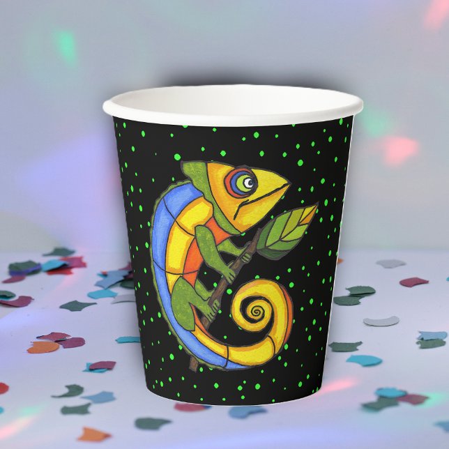 Fantasy Abstract Lizard Sitting on Leaf Green dots Paper Cups (Abstract cute colourful lizard on leaf on green polka dots on black paper party drinking cup.)