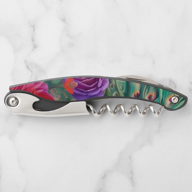 Fantasy Abstract Roses and Peacock Feathers Corkscrew (Front)