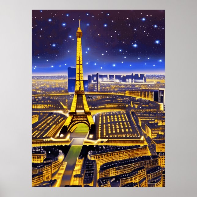 Fantasy Aerial View of Paris Under the Stars Poster (Front)