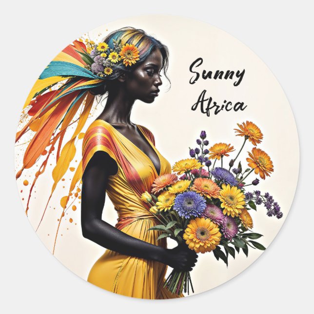 Fantasy African girl yellow blue beige bright art  Classic Round Sticker (Front)