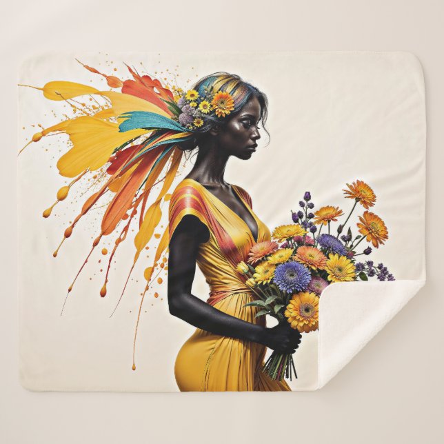 Fantasy African girl yellow blue beige bright art  Sherpa Blanket (Front (Horizontal))