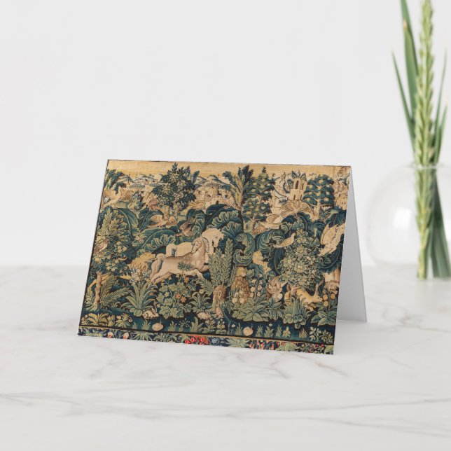 FANTASY ANIMALS,HORSES,WOODLAND Blue Green Floral Card (Front)
